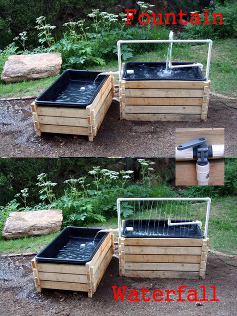 Home made toddler water table. Two separate tables, linked by chute. Pump in sump basin under short table recirculates water to 3-way valve on side of tall table. Kids can select fountain mode or waterfall by turning handle.  Cost about $125 in materials. Table bases are made from 2x4's cut like lincoln logs. So, for winter storage, we can disassamble and stack in a smaller storage area. Homemade Water Table, Diy Water Table With Pump, Outdoor Water Table, Toddler Water Table, Kids Water Table, Backyard Kids, Play Area Backyard, Backyard Kids Play Area, Outdoor Play Spaces