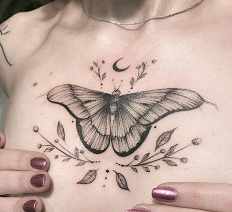 Moth Chest Tattoos For Women, Aesthetic Moth Tattoo, Moth Tattoo Ideas For Women, Moth Tattoo Chest Woman, Moth Collar Bone Tattoo, Witchcore Tattoo, Luna Moth Chest Tattoo Female, Delicate Moth Tattoo, Moth With Eyes Tattoo