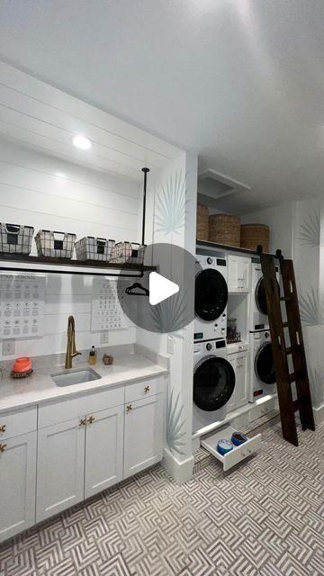 Kathleen DeWitt on Instagram: "Who says a laundry room and pantry cannot be fun???? I spend soooo much time washing and hanging clothes I could not let our laundry be too boring!!

In order to make it complete I did realize need a few extras from the original plan. I began with some ideas 💡 a sketch ✍️ and poof 💨 now it is just how I envisioned it! ✨ 

Here a few of the things I included that I couldn’t live without:

✨Handpainted walls by the talented @aubreybrackettfinefinishes 
✨Laundry chute and baskets (and a library ladder to reach them!)
✨Folding tray
✨Dining area for Skipper
✨2 sets of washer/dryers
✨Light switches/outlets from @busterandpunch
✨Door by @flatglass_showerdoors
✨Flooring installed by @lc_flooring
✨Plenty of space to hang dry clothing
✨An easily accessible water shut Laundry Chute In Floor, Laundry Chute In Wall, Mud Room Drop Zone, Laundry Room And Pantry, Laundry Chute, Pantry Laundry Room, Library Ladder, Light Switches, Hanging Clothes