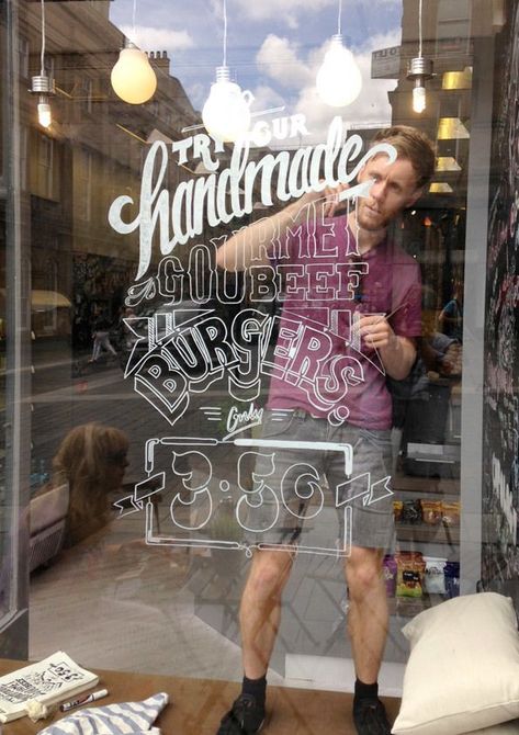 Window Illustration for Ninety Nine by Ashley Willerton, via Behance Window Lettering, Window Writing, Cafe Window, Window Signage, Window Illustration, Decoration Vitrine, Typography Served, Store Concept, Chalk Lettering