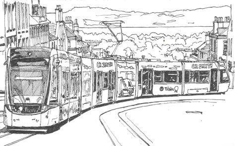 Edinburgh Tram - 0.3mm sketching pen Tram Drawing, Melbourne Tram, Pencil Drawing Ideas, Drawing Competition, Perspective Drawing Lessons, Tree Sketches, Crazy Wallpaper, Perspective Drawing, Car Drawings