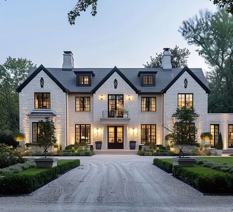 English Inspired Home Exterior, New American House Exterior, Big Suburban House Exterior, Pretty Houses Exterior Dream Homes, Modern Victorian Houses, House Exterior White And Black, 3 Story House Exterior, Modern Cottage Homes Exterior, Transitional Farmhouse Exterior