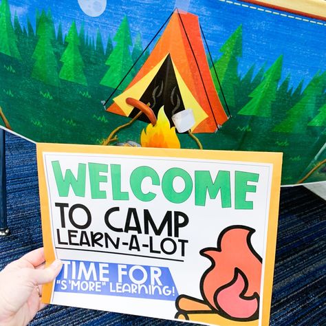 Easy Classroom Transformations - Teach Create Motivate Camp Learn A Lot Classroom, Camping Day In The Classroom, Room Transformation Classroom, Camp Learned A Lot, Camping Kindergarten, Transformation Classroom, Camp Theme Classroom, Camp Read A Lot, Character Trait Lessons