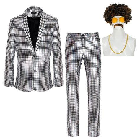 PRICES MAY VARY. Package content: Six piece set, including suit top and pants, wig, sunglasses, beard, necklace The popular men's disco costumes of the 70s and 80s, including metal sequin suits, sparkled at the ball and were very cool. Wearing them became the focus of the ball Matching: We have selected some accessories for the shiny suit disco outfit, such as wigs, sunglasses, beards, and necklaces, so you no longer have to worry about matching. Wearing this set is perfect Occasion: Sequin part Mens Disco Outfit, Disco Inspired Outfits, Mens Disco Costume, Disco Suit, 70s Party Outfit, Disco Parties, 70s Disco Outfit, Sequin Suit, Prom Costume