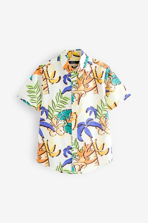 Available in a choice of eye-catching prints and stylish colours, this button-up short sleeve shirt is perfect for summer, crafted in a lightweight fabric with a revere collar. 100% Cotton. Cuban Shirts, Future Boy, Boys School Uniform, Color Crema, Big Big, Revere Collar, Smart Trousers, Slippers For Girls, Denim Coat Jacket