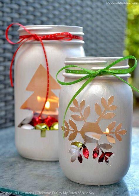 15 Easy Mason Jar Christmas Craft Ideas - This Tiny Blue House Luminary Diy, Mason Jar Christmas, Mason Jar Christmas Crafts, Christmas Mason Jars Diy, Jul Diy, Christmas Craft Ideas, Christmas Crafts For Adults, Diy Jar Crafts, Wine Bottle Diy Crafts