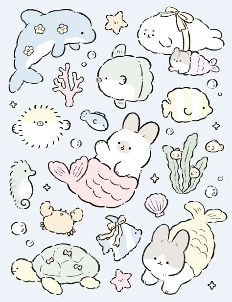 Bear Character Design, Fish Stickers, Cartoon Sea Animals, Adorable Stickers, Blue Drawings, Cartoon Fish, Cute Fish, Little Doodles, Bunny Designs