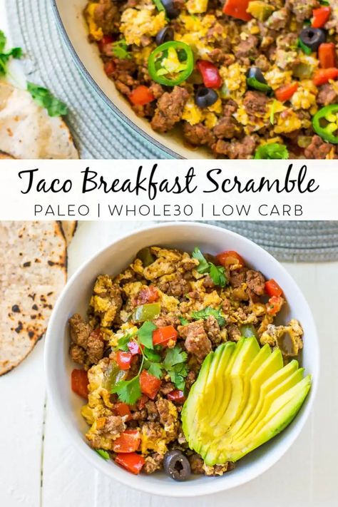 This Whole30 Taco Breakfast Scramble is a delicious and easy recipe to spice up your meal prep game! This recipe is Whole30 compliant, paleo friendly, low carb and the mix of flavors will make this a quick family favorite! #whole30 #paleo #paleorecipes #whole30breakfast Low Carb Breakfast Scramble, Paleo Breakfast Scramble, Whole 30 Breakfast Tacos, Whole30 Hashbrown Casserole, Taco Breakfast Scramble, Taco Breakfast, Whole30 Breakfast Sausage, Paleo Breakfast Sausage, Breakfast Scramble