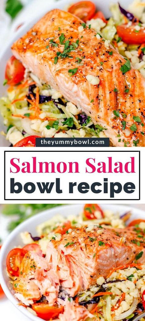 This salmon salad recipe makes a great main dish salad with roasted salmon, vegetables, and easy herb dressing. Another refreshing meal bowl ready in minutes! Grilled Salmon Salad Recipes Healthy, Salmon With Cabbage Slaw, Salmon Coleslaw Bowl, Salmon Salad Dressing Recipes, Salmon Over Salad, Fish On Salad, Cajun Salmon Salad, Dressing For Salmon Bowl, Salmon Recipes With Salad