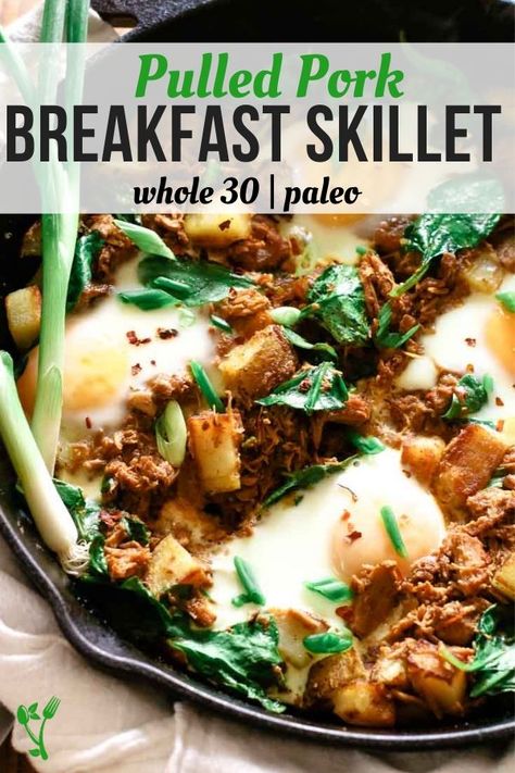 Pulled Pork Breakfast, Pork With Potatoes, Easy Breakfast Skillet, Pork Breakfast, Potatoes And Eggs, Leftover Pulled Pork, Pork Pulled, Protein Veggies, Whole30 Breakfast