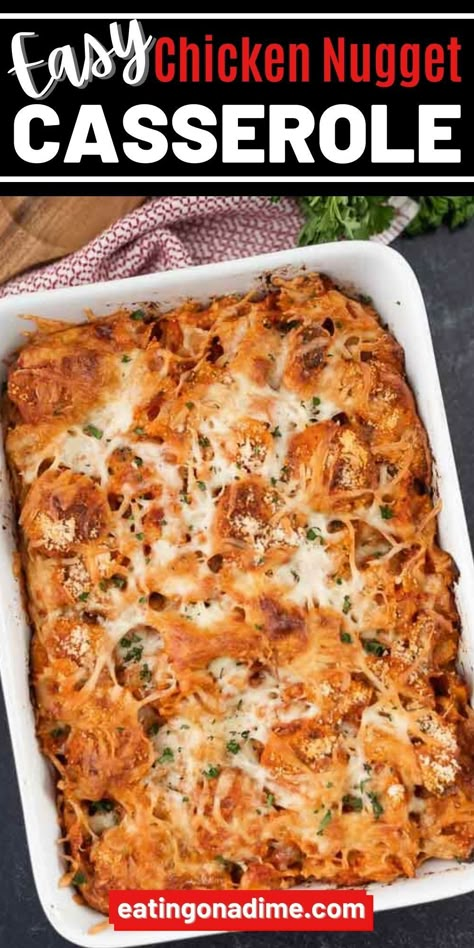 Chicken Nugget Parm Casserole, Frozen Chicken Patty Casserole, Chicken Patty Dinner Ideas, Chicken Nugget Spaghetti, Chicken Nugget Pasta, Popcorn Chicken Casserole Recipe, Easy Dinner Recipes With Chicken Nuggets, Popcorn Chicken Parmesan Casserole, Meals To Make With Chicken Nuggets