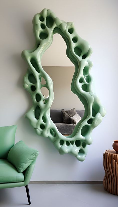 Mint Color Blob Mirror in AI interior. Here is a blob mirror home interior idea 🥰 #modernfurniture #wallart #allmirror #mirror #modernmirror #wallart Dressing Mirror Ideas, Wall Mirror Ideas Bedroom, Outside Lighting Ideas, Blob Mirror, Wall Mirror Decor Living Room, Blob Mirrors, Funky Mirrors, Mirror Aesthetic, Simple Dressing