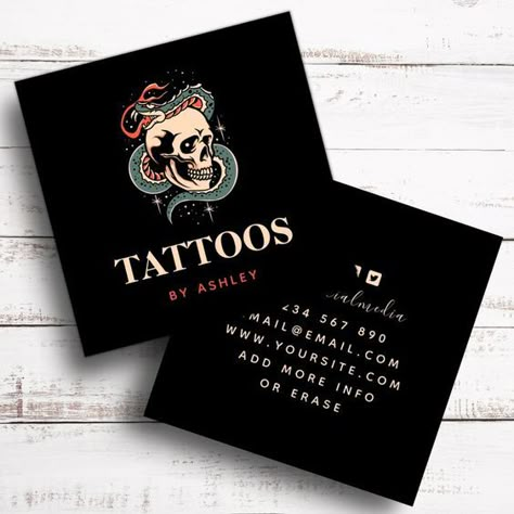 Mystic Gothic Skull Snake Illustration Tattoo Art Square Business Card | Zazzle|#tattoo #handtattoo #tattoos #tattooartist 724 Tattoo Artist Visiting Card Design, Tattoo Card Design, Tattoo Business Cards Ideas, Tattoo Shop Branding, Tattoo Business Cards, Tattoo Branding, Tattoo Logo Design, Tattoo Artist Business Cards, Skull Snake