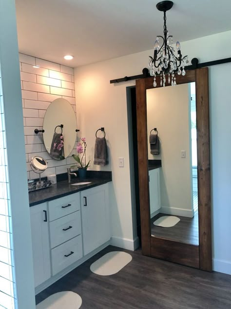 Guest Bathroom Closet, Chic Master Bath, Incredible Bathrooms, Bathroom Barn Door Ideas, Ideas For Guest Bathroom, Barn Door With Mirror, Laundry Addition, Closet Barn Door, Door With Mirror