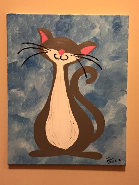 Acrylic Painting on Canvas by Lisa Fontaine.  Whimsical Cat.  Grey cat.  Cat. Cute Cat Paintings On Canvas, Cute Cat Canvas Painting Easy, Funny Cat Painting Acrylic, Fancy Cat Painting, Grey Cat Painting Acrylic, Garden Totem, Art Birthday Party, Easy Canvas Art, Whimsical Cats