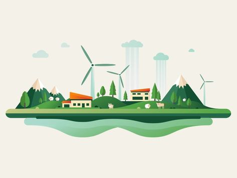 Flat landscapes by Boyko on Dribbble Flat Illustration City, Peaceful Landscapes, Fruit Names, Portfolio Layout, Village House Design, Low Carbon, Different Seasons, Mascot Design, City Landscape