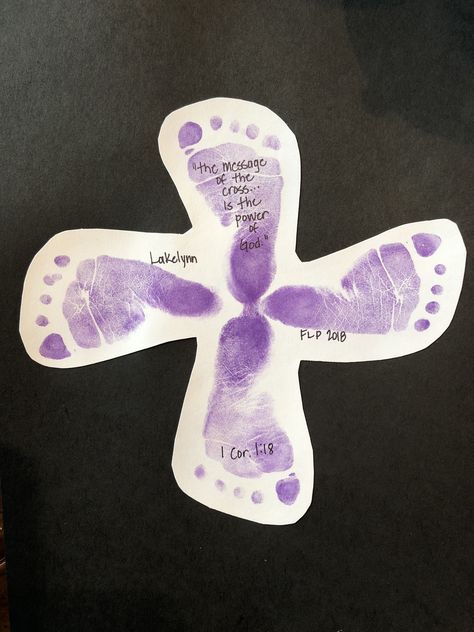 My babies project for Easter!!  Infant Cross feet! “The message of the cross...is the power of God” 1 Cor. 1:18 Easter Jesus Crafts For Toddlers, Infant Easter Crafts, Easter Crafts For Infants, Resurrection Sunday Crafts, Christ Centered Easter Crafts Preschool, Easter Cross Art For Preschool, Easter Cross Preschool Craft, Easter Cross Toddler Crafts, Baby Easter Crafts