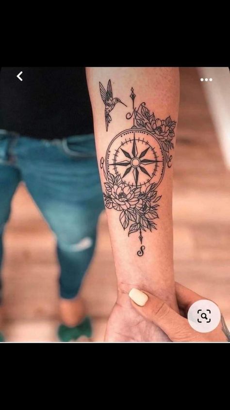 Spouse Memorial Tattoo, Compass Sleeve Tattoo Women, Compass Tattoo Feminine Forearm, Compass Tattoo With Flowers, Compass Tattoo Design Woman, Compass Rose Tattoo Feminine, Compass With Flowers Tattoo, Clock Tattoo Ideas For Women, Compass Tattoo Ideas For Women