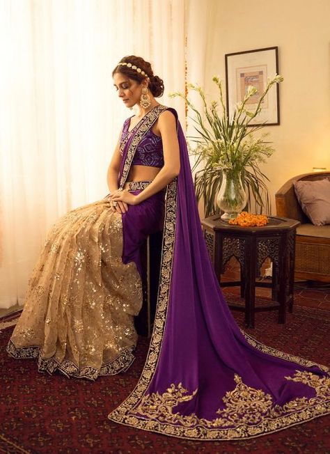 Babul – Naina Embroidered Pakistani Saree Dresses Asian, Saree Wearing Styles, Maya Ali, Wedding Lehenga Designs, Purple Saree, Indian Fashion Saree, Eid Dresses, Indian Bridal Fashion, Pure Silk Saree