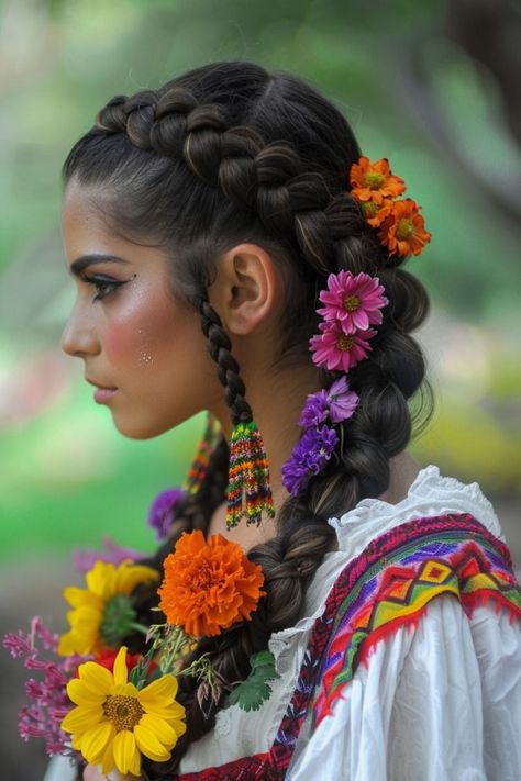 Refined Crown Hairstyles for a Glamorous Look Flower Hair Styling, Mexican Braids, Braid Hacks, Mexican Hair, Mexican Hairstyles, Unique Braids, Flower Braids, Mexican Culture Art, Luxurious Hair