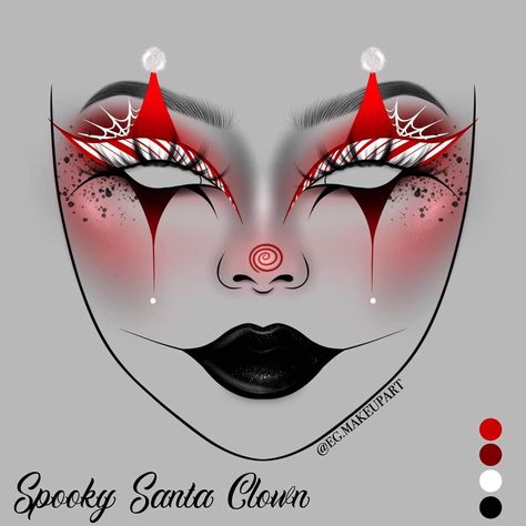 Krampus Makeup Inspiration, Santa Eye Makeup, Gothmas Makeup, Christmas Skull Makeup, Spooky Christmas Makeup, Horror Christmas Makeup, Red Face Paint Ideas, Creepy Christmas Makeup, Emo Christmas Makeup