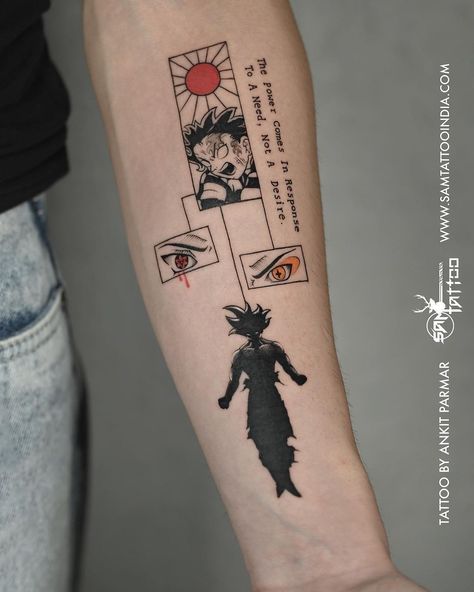 Anime Forearm Tattoo Men, Patch Work Anime Tattoo, Multiple Anime Tattoo, Cool Tattoos Anime, Anime Tattoos On Hand, Anime Crossover Tattoo, Shoulder Anime Tattoo, Anime Reference Tattoo Ideas, Anime Concept Tattoo