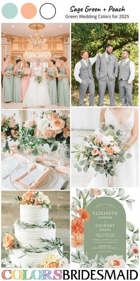 Sage green and peach for green wedding colors for 2025, mismatched sage green and peach bridesmaid dresses, white bridal gown, grey groomsmen suits and sage green ties, white and peach flowers and sage leaves of bouquet, reception centerpieces and wedding cake décor, wedding invitation with white and peach flowers and sage leaves printing. #weddingcolors #weddingideas #greenweddings #colsbm #2025 #sagewedding #sagegreenweddings #bridesmaiddresses #sagegreenandpeach Peach Beach Wedding, Sage Green And Peach, Green Wedding Palette, Green And White Wedding Flowers, Grey Groomsmen, Peach Wedding Theme, Peach Wedding Decorations, Leaves Printing, Sage Green Wedding Theme