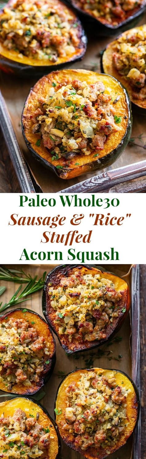 This savory stuffed acorn squash is so delicious it’s addicting!  A sausage and cauliflower rice stuffing is seasoned with lots of fresh herbs and served toasty in roasted acorn squash bowls.  Perfect as a holiday side dish or an anytime meal.  Paleo, Whole30, and low in carbs. Acorn Squash With Sausage, Squash With Sausage, Sausage Stuffed Acorn Squash, Sausage Rice, Main Recipes, Stuffed Acorn Squash, Rice Stuffing, Butternut Squash Salad, Acorn Squash Recipes