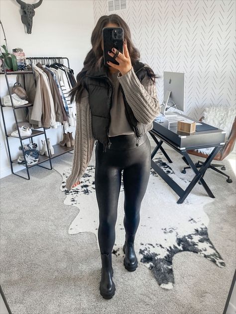 Taupe Sweater Outfit, Chunky Black Boots Outfit, Puffer Vest Outfit Black, Cropped Puffer Vest Outfit, Black Puffer Vest Outfit, Leather Vest Outfit, Winter Fasion, Everyday Outfits Fall, Faux Leather Leggings Outfit