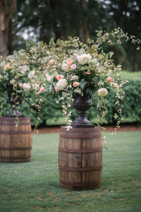 White Ceremony Flowers, White Ceremony, Wine Barrel Wedding, Barrel Flowers, Barrel Ideas, Barrel Wedding, Barrel Decor, Lowcountry Wedding, Wine Barrels