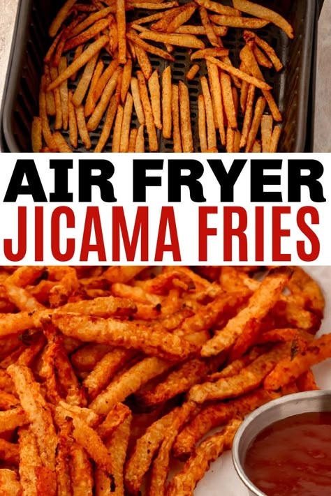 Edemame Recipes Air Fryer, Jimica Fries, Jimaca Fries, Air Fryer Jicama Fries, Air Fried Jicama Fries, Healthy Fries Alternative, Fry Alternative, Fried Yucca Air Fryer, Oven Baked Jicama Fries