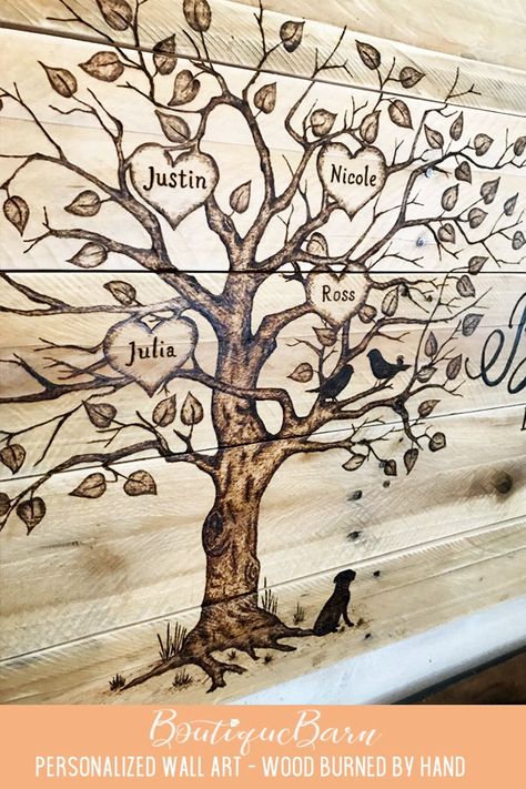 Love grows here! This family tree is wood burned by hand, onto a pallet of reclaimed wood boards for a wonderfully rustic look! #familytreewalldecor #personalizedwalldeocr #lovegrowshere Family Tree Wood Burning, Family Wood Burning Signs, Wood Burning Farmhouse Decor, Family Tree Wood Sign, Wood Burning Family Signs, Above Kitchen Cabinets Farmhouse, Burnt Wood Projects, White Farmhouse Kitchen Decor, Farmhouse Decor Above Kitchen Cabinets