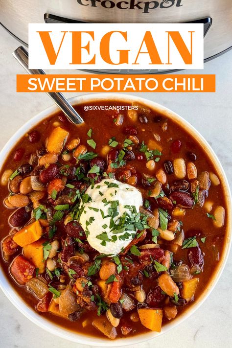 Slow Cooker Hearty Sweet Potato Chili using @crockpot 's new MyTime™ Slow Cooker #ad Sweet Potato Chili Crockpot, Brisket Chili Recipe, Vegan Chili Crockpot, Sweet Potato Chilli, Savory Sweet Potato Recipes, Vegetarian Chili Crock Pot, Chili Recipe Stovetop, Chili Crockpot, Chilli Recipe