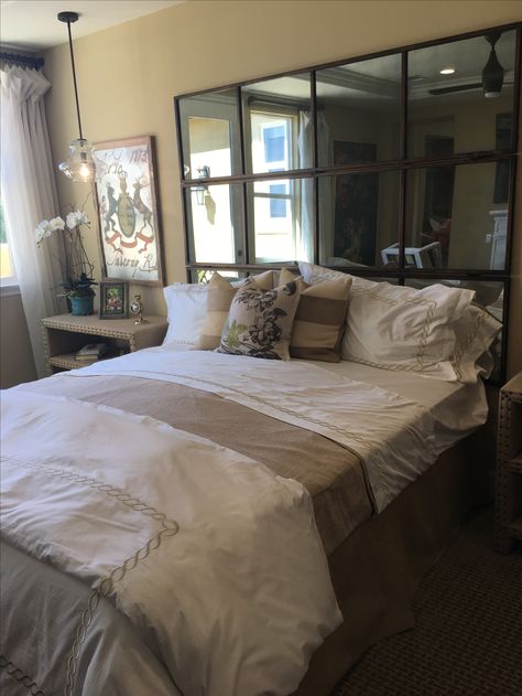 Mirror Headboard Bedroom, Mirrors On Wall By Bed, Mirror As A Headboard, Mirrors As Headboard Ideas, Mirror Bed Headboard, Bed With Mirror Headboard, Mirror As Headboard, Mirror Wall Bedroom Behind Bed, Mirror Wall Behind Bed