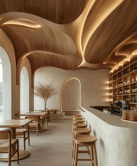 Organic Restaurant Design, Japandi Cafe Interiors, Terrace Cafe Design, Beige Restaurant Interiors, Organic Cafe Interior, Arch Interior Design Restaurant, Luxury Japanese Restaurant Interior, High End Japanese Restaurant Interior, Organic Interiors