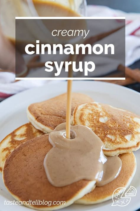 Creamy and sweet, this Cinnamon Syrup is the perfect topping for pancakes or waffles! It is smooth delicious and the hint of cinnamon gives it the perfect flavor. Syrup Pancakes, Sauces For Waffles, Waffle Syrup, Cinnamon Waffle Recipe, Cinnamon Pancake Recipe, Healthy Syrup For Pancakes, Cinnamon Sauce For Pancakes, Cinnamon Syrup For Pancakes, Cinnamon Pancake Syrup