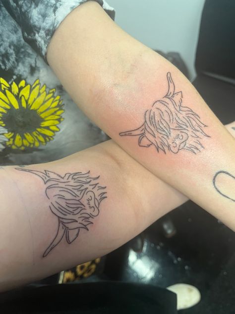 Cow Best Friend Tattoo, Small Matching Country Tattoos, Matching Cow Tattoos For Best Friends, Small Highland Cow Tattoo, Matching Cow Tattoos, Cow Tattoos, Highland Cow Tattoo, Bestie Tattoos, Cute Matching Tattoos