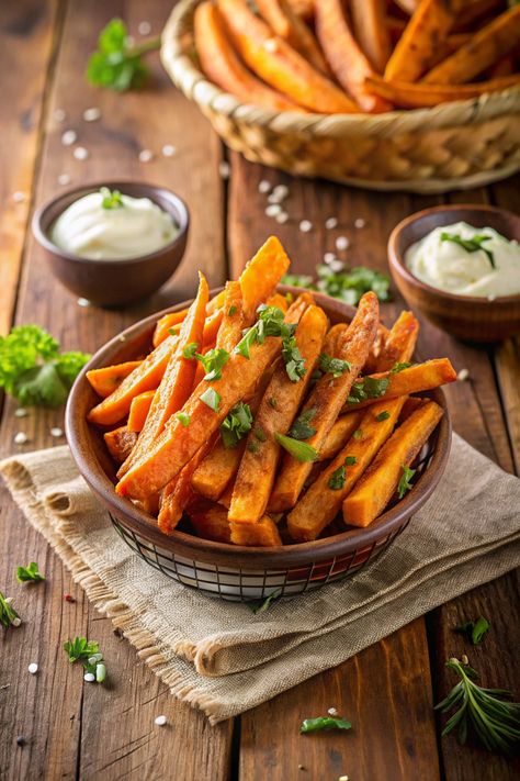 Easy 6-Step Baked Sweet Potato Fries Check more at https://www.vegan-mr.com/vegan-appetizers/easy-6-step-baked-sweet-potato-fries/ Potato Food Photography, Vegan Appetizers Easy, Potato Food, Healthy Fries, Baked Sweet Potato Fries, Sweet Potato Fries Baked, Vegan Nachos, Vegan Mozzarella, Stuffed Sweet Potato Healthy