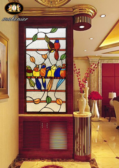 Stained Glass Partition Wall, Glass Window Partition, Stained Glass Partition, Wooden Partition Wall, Window Partition, House Entrance Doors, Wooden Partition, Bungalow Decor, Glass Partition Wall