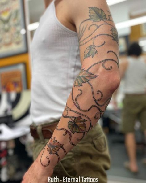 Ivy Tattoo For Men, Vine Armband Tattoo, Vine Sleeve Tattoo Men, Vine Patchwork Tattoo, Flower Vine Tattoo Arm Sleeve Stencil, Vine Arm Tattoo Men, Plant Tattoos Arm, Ivy Tattoo Men, Vines And Leaves Tattoo