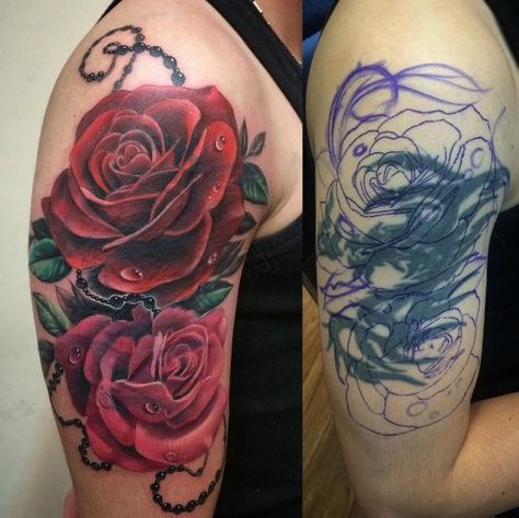 Drake Cover, Rose Tattoo Cover Up, Coverup Ideas, Arm Cover Up Tattoos, Dark Roses Tattoo, Tatuaje Cover Up, Rose Tattoo Stencil, Tattoos Rose, Cool Shoulder Tattoos