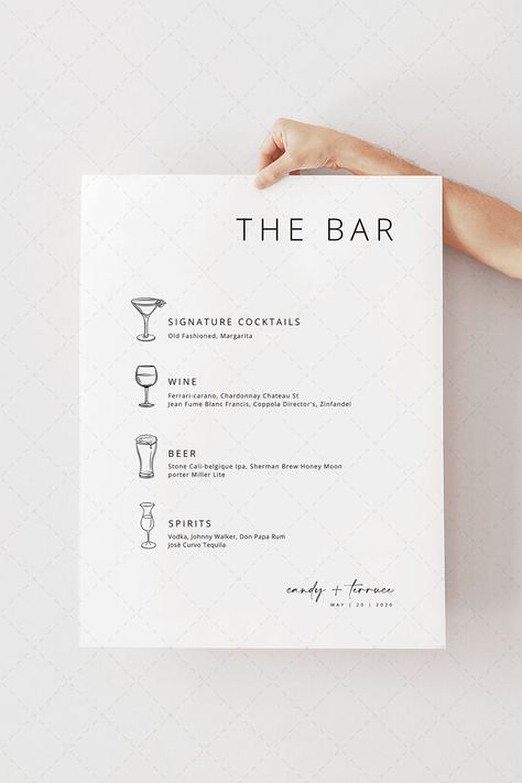 "Welcome to Momenti Design Studio! This Wedding Drinks Bar Menu Sign template editable is perfect for you who are planning a wedding elegant and refined! The combination of colors enhances the elegance and sophistication with this signs you will give your reception a unique and original touch! It is an article extremely original, unique design and special attention to detail, romantic but at the same time very modern and current. Please read below carefully before placing your order. The listing Alcohol Menu Wedding, Bar Menus Menu Design, The Bar Menu Wedding, Open Bar Menu Wedding, Wedding Drink List, Wedding Drinks Menu Sign, Drinking Menu Design, Bar Menu For Wedding, Wedding Drink Menu Ideas