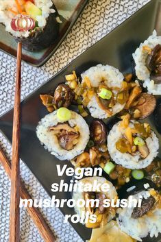 A delicious vegan sushi recipe with shiitake mushrooms, scallions, garlic, fresh ginger and more. Great for dinner or packed lunches. #vegansushi #vegansushirolls #vegansushirollsrecipes #vegansushirecipe #vegansushimushroom #vegansushirollsmushroom #mushroomsushivegan #shitakemushroomsushi #shiitakemushroomsushi #vegetariansushi #vegetariansushirolls #vegansushifillings Mushroom Sushi, Vegetarian Sushi Rolls, Vegan Sushi Rolls, Vegetarian Sushi, Sushi Roll Recipes, Sushi Recipe, Vegetarian Gluten Free, Vegan Mushroom, Vegan Sushi