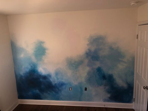 Wall paint mixed with glaze to create a watercolor effect on wall Watercolour Wall, How To Color Wash Walls, Multicolor Wall Paint Ideas, Watercolor Wall Paint How To, Diy Watercolor Accent Wall, Watercolor Wall Paint Diy, Wall Paint Watercolor Effect, Blue Ombre Wall, Blue Ombre Wall Bedroom