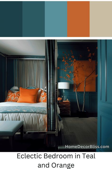 Eclectic Bedroom: Teal and Orange Color Scheme Log Cabin Bedroom Ideas, Log Cabin Bedrooms, Orange Color Scheme, Bedroom Teal, Bedroom Guide, Dark Blue Living Room, Orange Bedroom, Cabin Bedroom, Teal And Orange