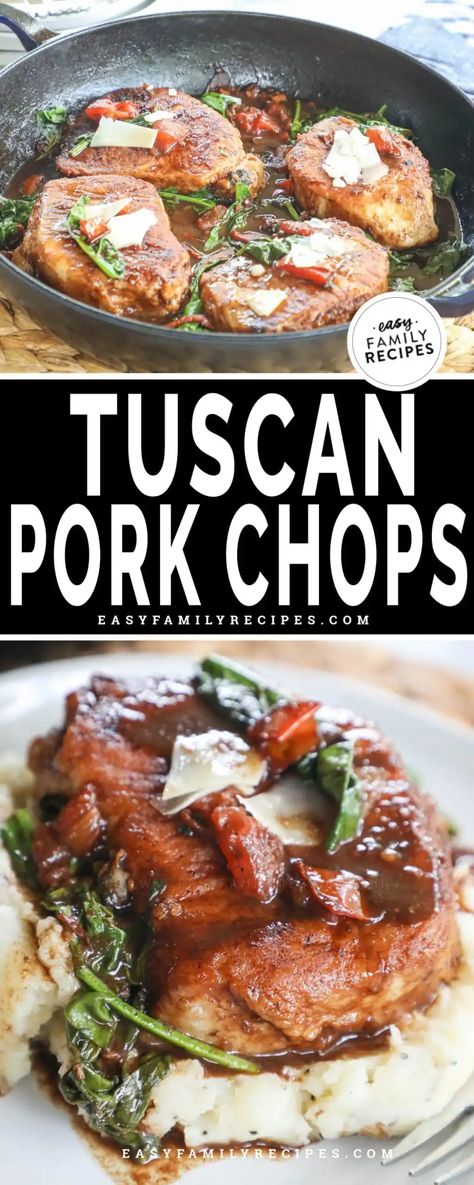 One Pan Tuscan Pork Chops · Easy Family Recipes Tuscan Pork Chops, Pork Chops Easy, Italian Pork Chops, Balsamic Pork Chops, Healthy Pork Chop Recipes, Braised Pork Chops, Boneless Pork Chop Recipes, Balsamic Sauce, Pork Chop Recipe