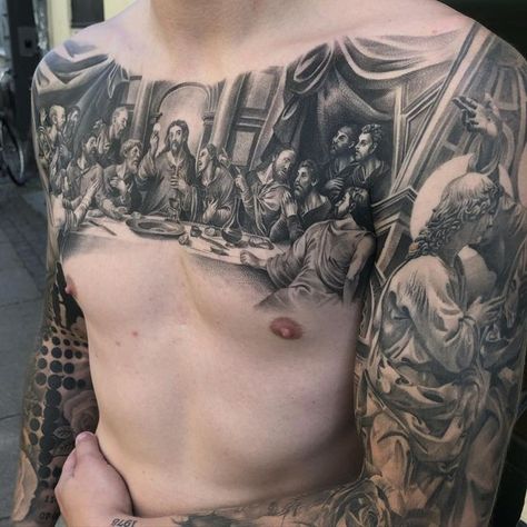 The Last Supper Tattoo, Religous Tattoo, Chest Tattoo Stencils, Chest Tattoo Drawings, Full Chest Tattoos, Biblical Tattoos, Backpiece Tattoo, Unique Tattoos For Men, Christ Tattoo