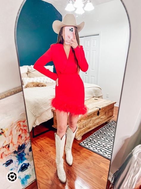 Woman in red dress and cowboy boots Red Nfr Outfit, Western Christmas Outfits Party, Country Christmas Party Outfit, Cowboy Christmas Outfits For Women, Christmas Cowgirl Outfit, Christmas Western Outfit, Western Holiday Outfit, Western Christmas Party Outfit, Cowboy Christmas Outfit