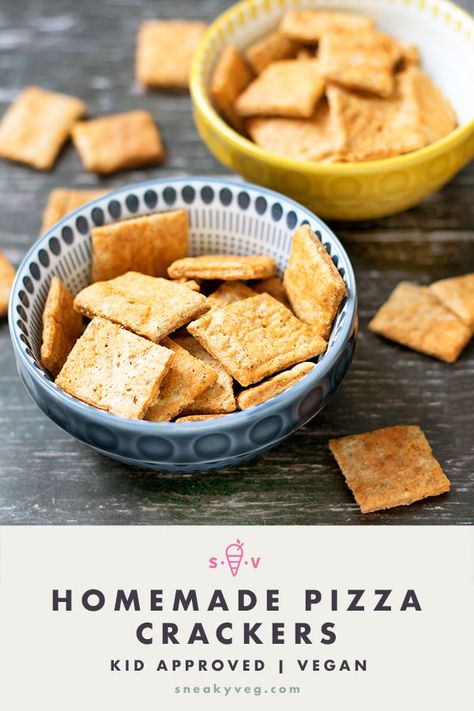 Deliciously crunchy pizza crackers that are great for snacks, lunch boxes and birthday parties. Gobbled up by kids and adults alike and suitable for vegans. #pizzacrackers #snacks #healthysnacks #lunchbox #vegan #vegetarian #healthykidsfood Pizza Crackers, Vegetarian Kids, Healthy Party Food, Homemade Crackers, Making Homemade Pizza, Vegan Kids, Lunch Box Snacks, Healthy Vegan Snacks, Homemade Baby Foods