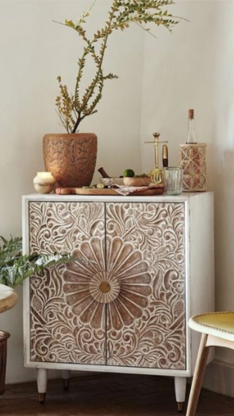 Southwest Boho Cabinet, Mandala On Cabinet, Indian Inlay Furniture, Mandala Stenciled Dresser, Balinese Decor, Mirror Decor Living Room, Mango Wood Carved Cabinet, Family Room Furniture, Carved Furniture